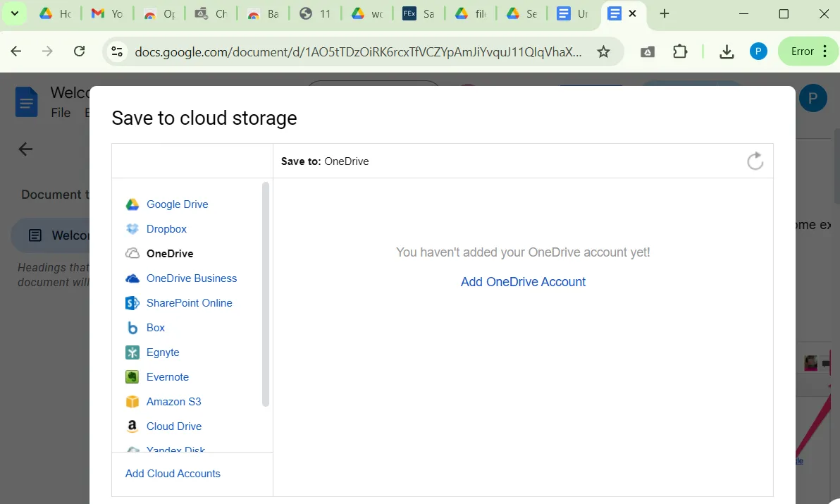 Cửa sổ Save to cloud storage trong trình duyệt Chrome