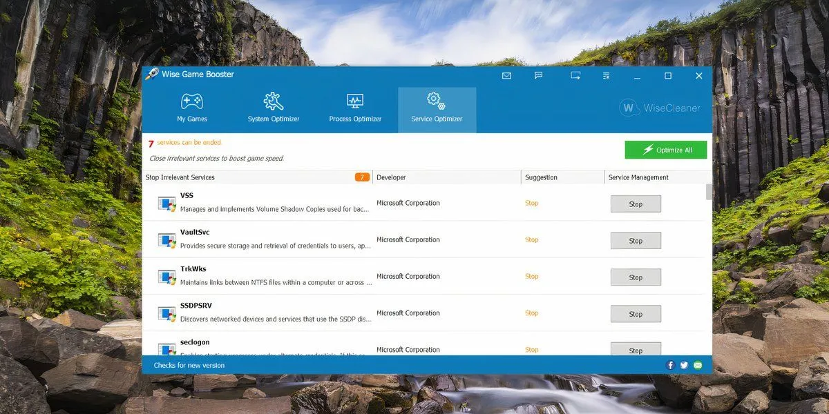 Cửa sổ Service Optimizer trong Wise Game Booster trên Windows 11, cho phép tối ưu hóa các dịch vụ hệ thống để tăng FPS khi chơi game.