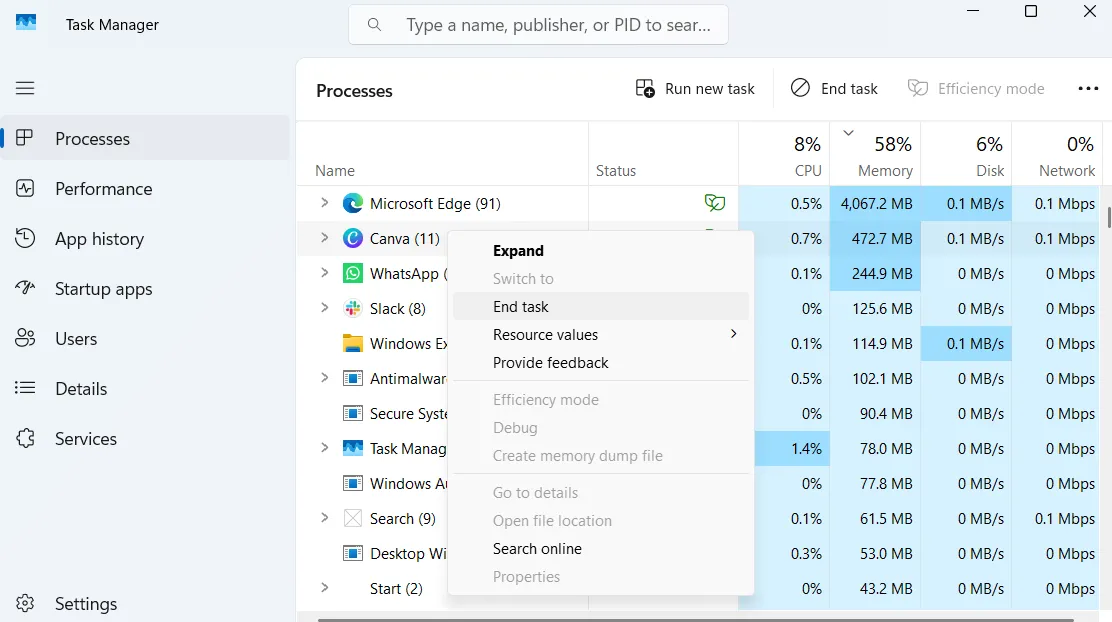 Cửa sổ Task Manager (Quản lý tác vụ) với tùy chọn Kết thúc tác vụ cho ứng dụng Canva