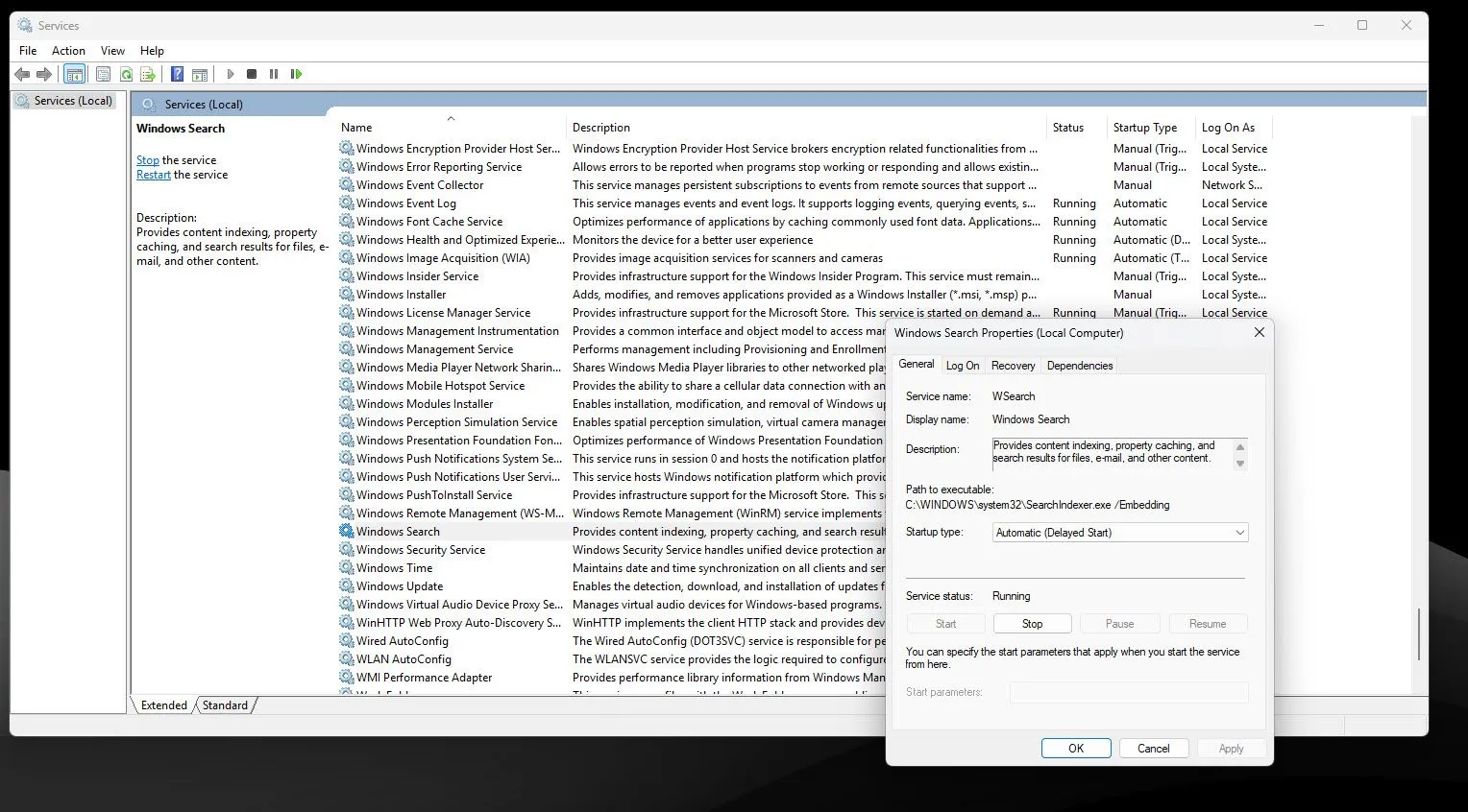 Cửa sổ Thuộc tính của dịch vụ Windows Search trong Windows Service Manager, hiển thị tùy chọn dừng và vô hiệu hóa