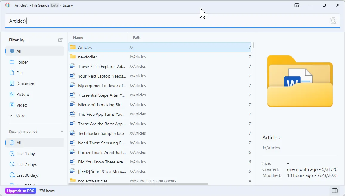 Cửa sổ tìm kiếm file của Listary hiển thị các tùy chọn lọc và xem trước thông tin chi tiết