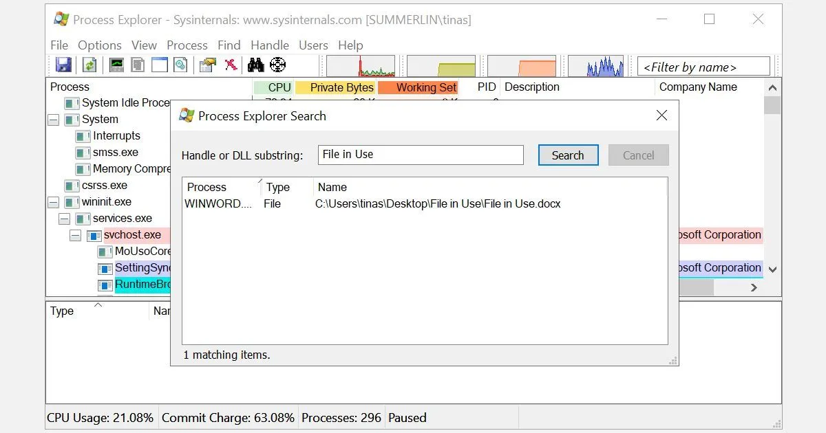 Cửa sổ tìm kiếm &quot;Find Handle or DLL&quot; trong Process Explorer