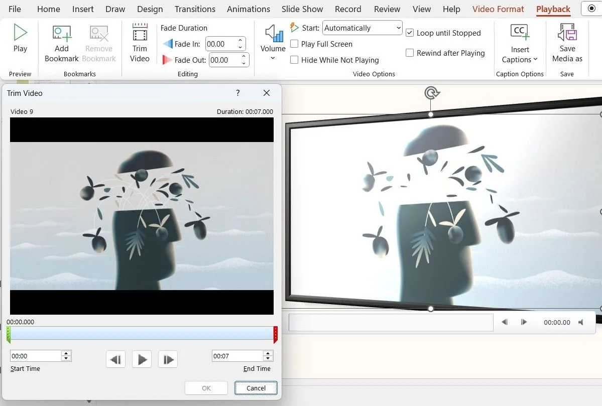 Cửa sổ Trim Video để cắt và điều chỉnh video trong PowerPoint