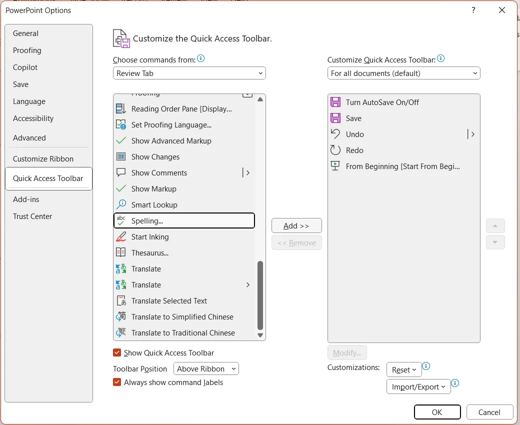 Cửa sổ tùy chỉnh Quick Access Toolbar trong PowerPoint, hiển thị cách thêm các lệnh như &quot;New Slide&quot; vào thanh công cụ.
