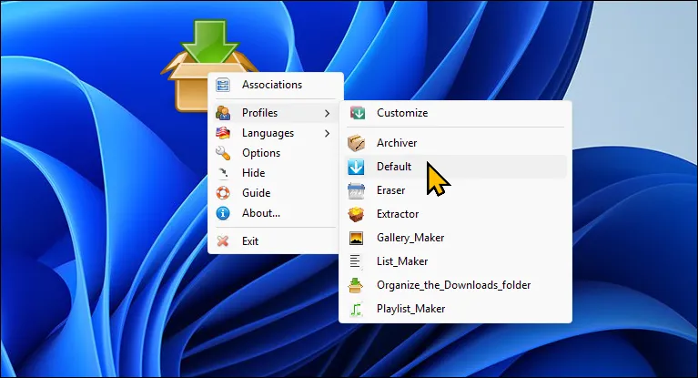 Cửa sổ tùy chọn DropIt trên màn hình desktop Windows 11 hiển thị các quy tắc sắp xếp