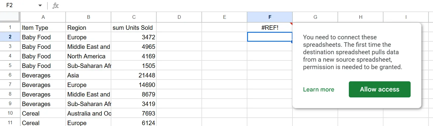 Cửa sổ yêu cầu cấp quyền truy cập vào bảng tính Google Sheets bên ngoài để thực hiện hàm QUERY