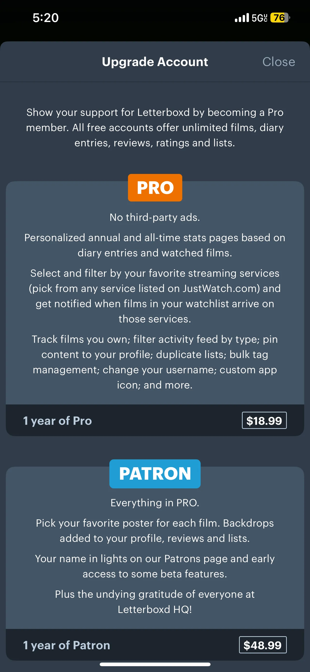 Đăng ký Letterboxd PRO và Patron