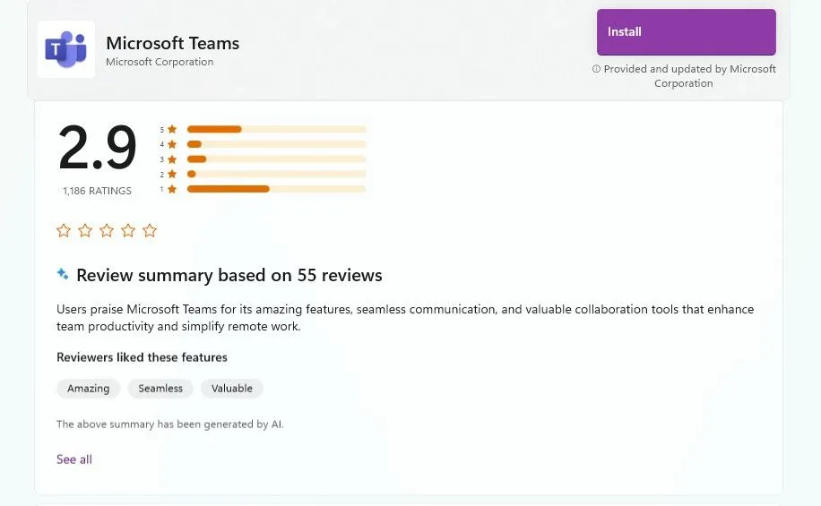 Đánh giá Microsoft Teams trên Microsoft Store hiển thị mức 2.9 sao và phần tóm tắt AI