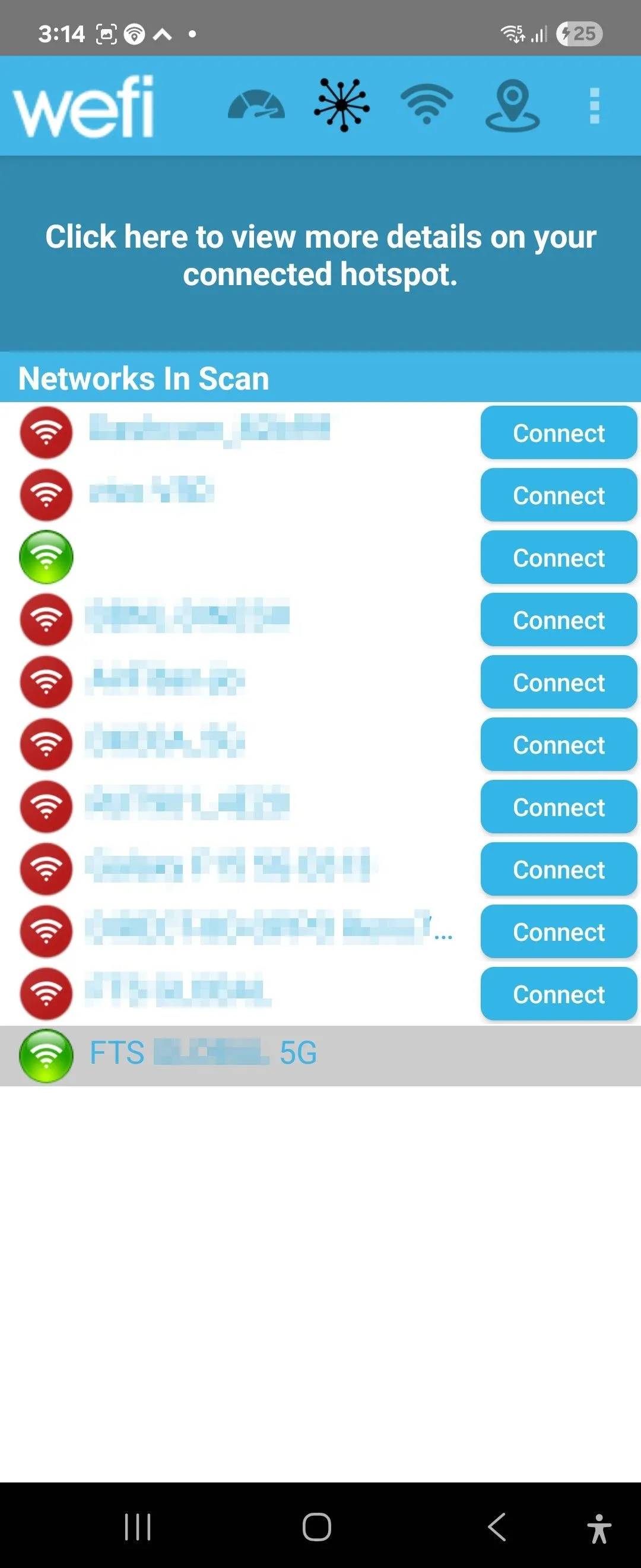 Danh sách các điểm phát sóng Wi-Fi khả dụng hiển thị trong ứng dụng WeFi trên thiết bị Android