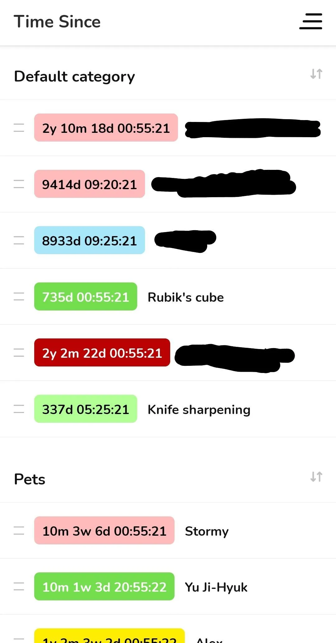 Danh sách các mốc thời gian được theo dõi trong ứng dụng Time Since