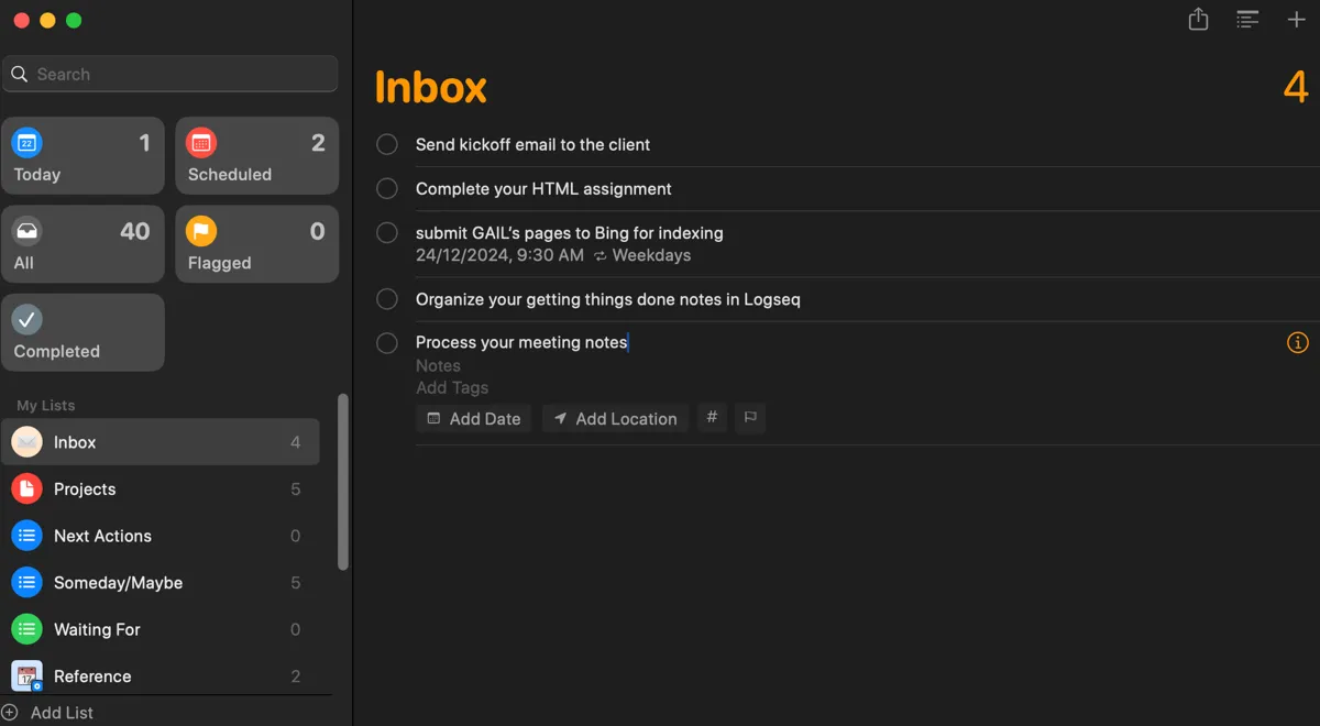 Danh sách các mục cần hành động trong Hộp thư đến (Inbox List) của ứng dụng Reminders trên Apple