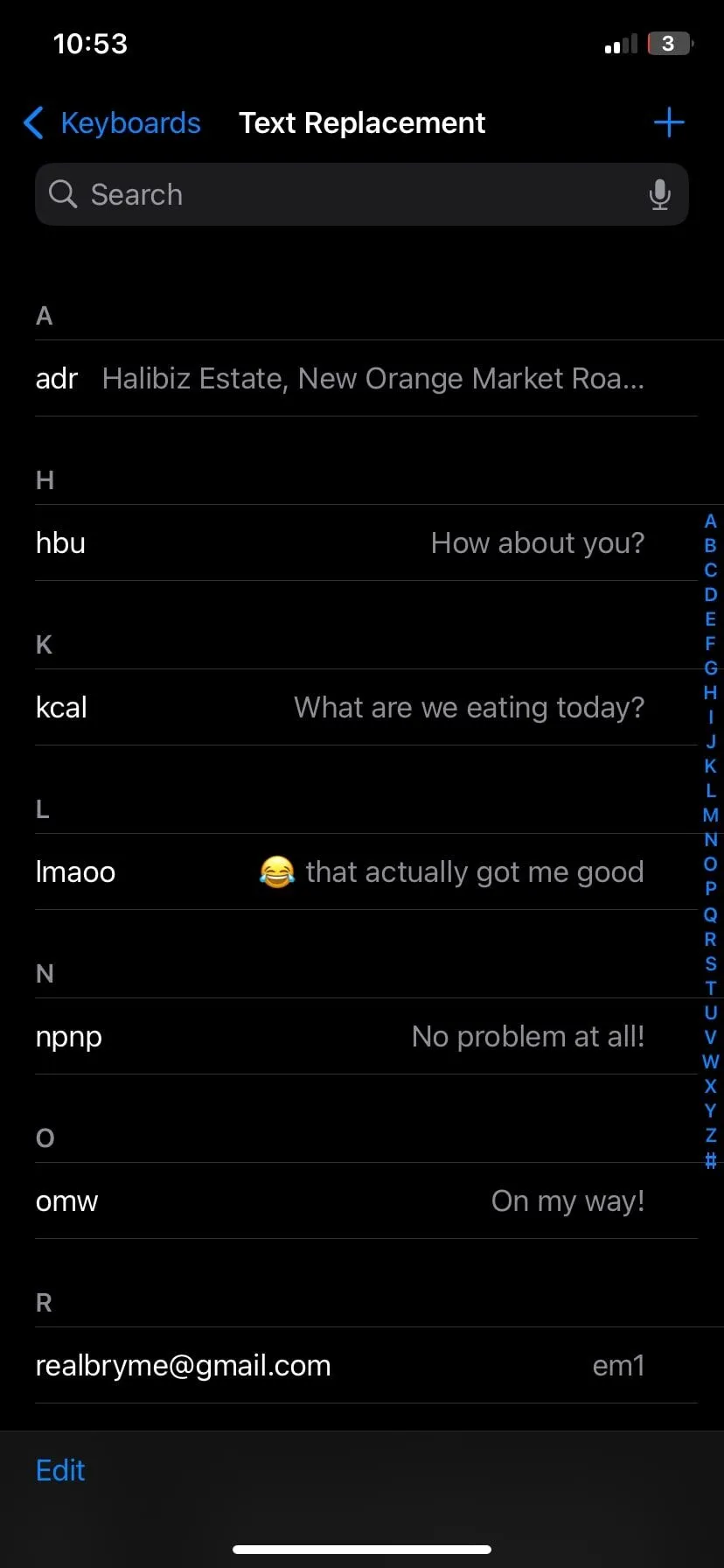 Danh sách các phím tắt thay thế văn bản Text Replacement đã tạo trên iPhone