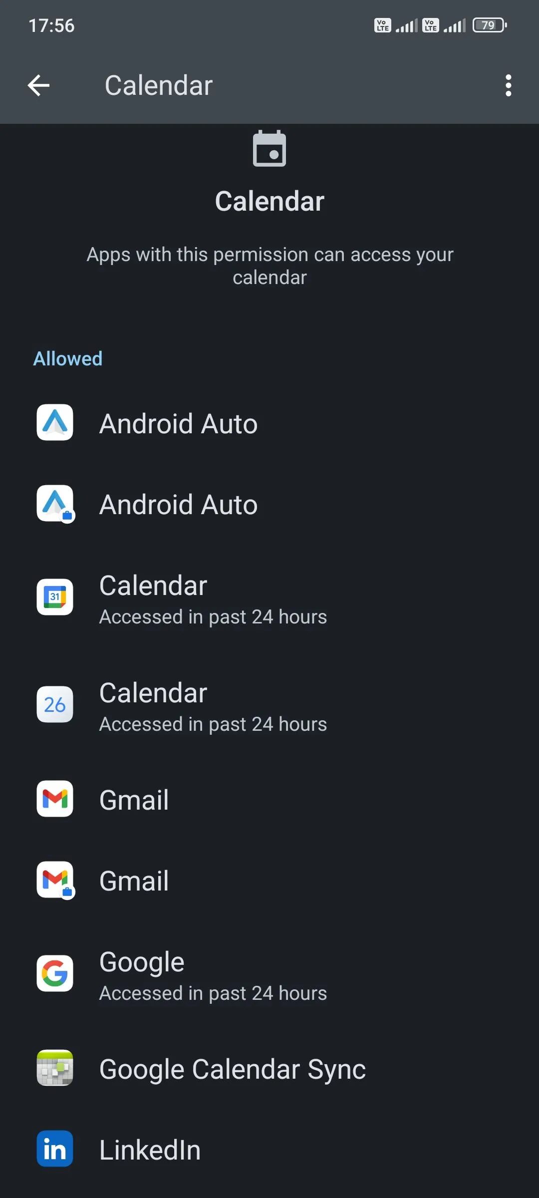 Danh sách các ứng dụng được phép truy cập lịch trên thiết bị Android, minh họa cách kiểm tra và quản lý quyền truy cập dữ liệu cá nhân.