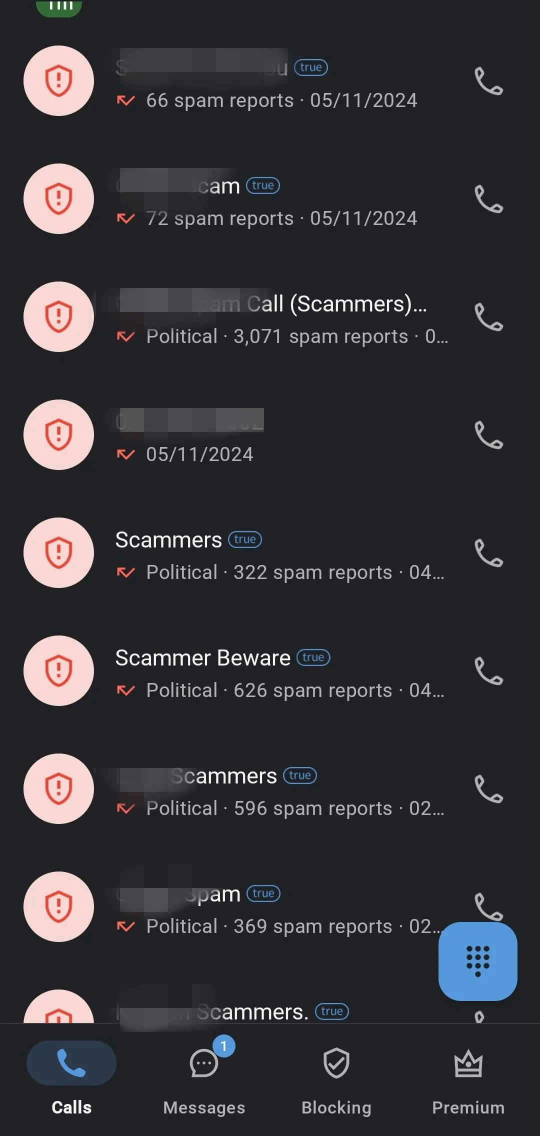 Danh sách cuộc gọi Truecaller hiển thị các số lừa đảo