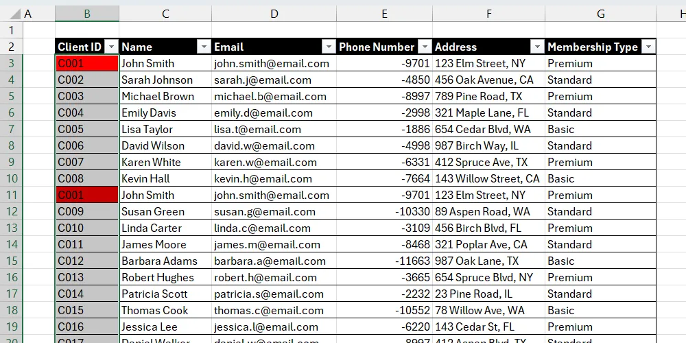 Danh sách khách hàng trong Excel đã tô màu các ô trùng lặp