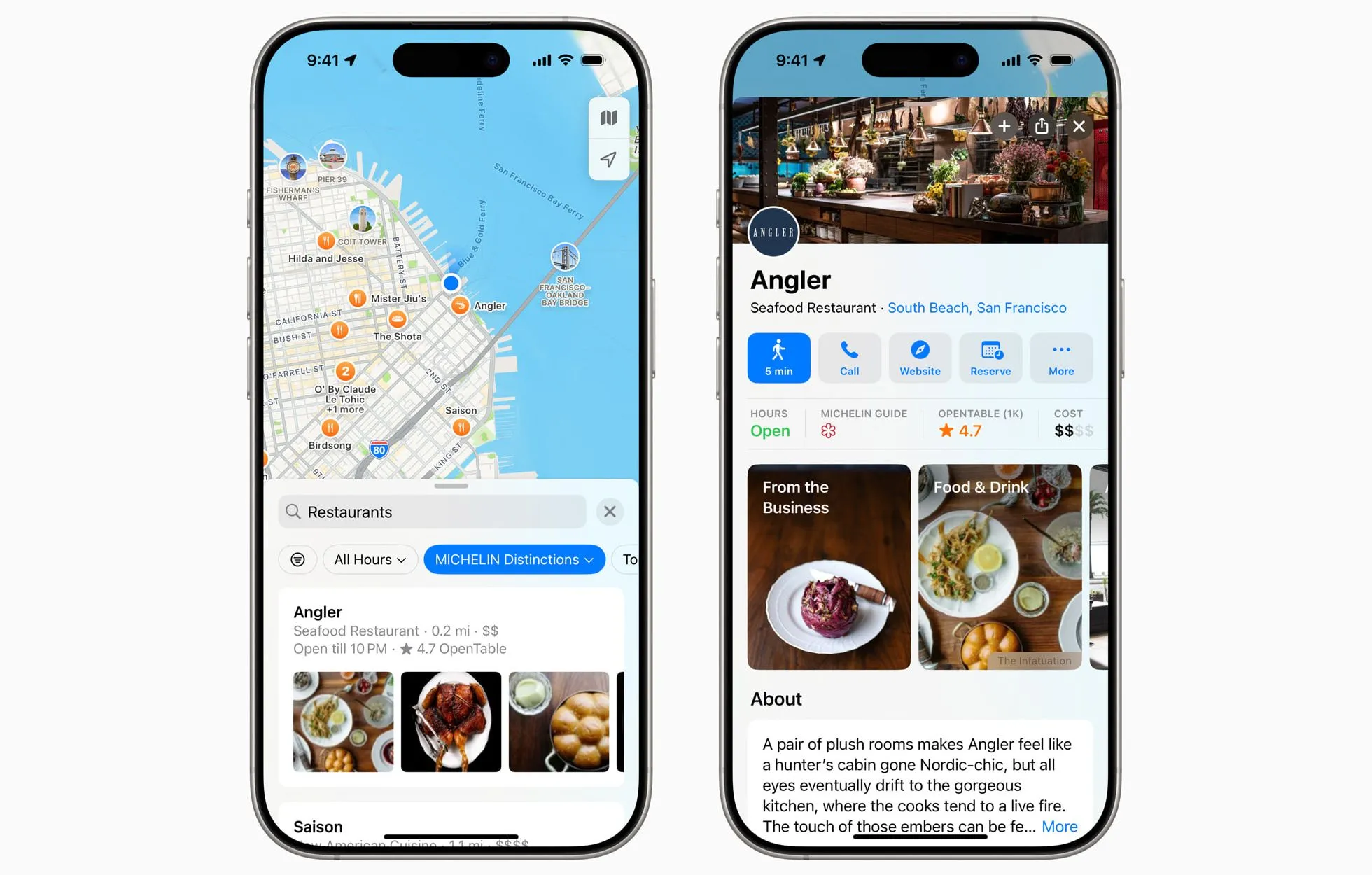 Danh sách nhà hàng Michelin Guide trên Apple Maps với các biểu tượng và thông tin chi tiết