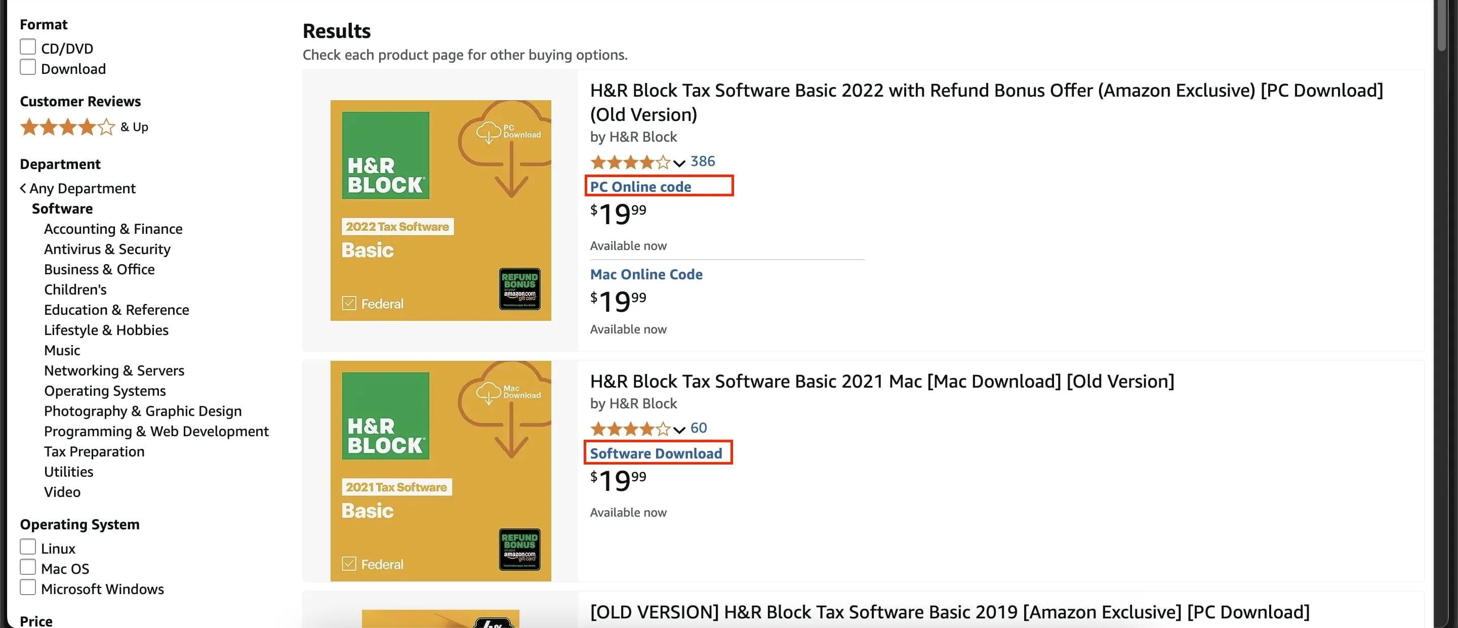 Danh sách phần mềm Amazon với chế độ giao hàng được làm nổi bật