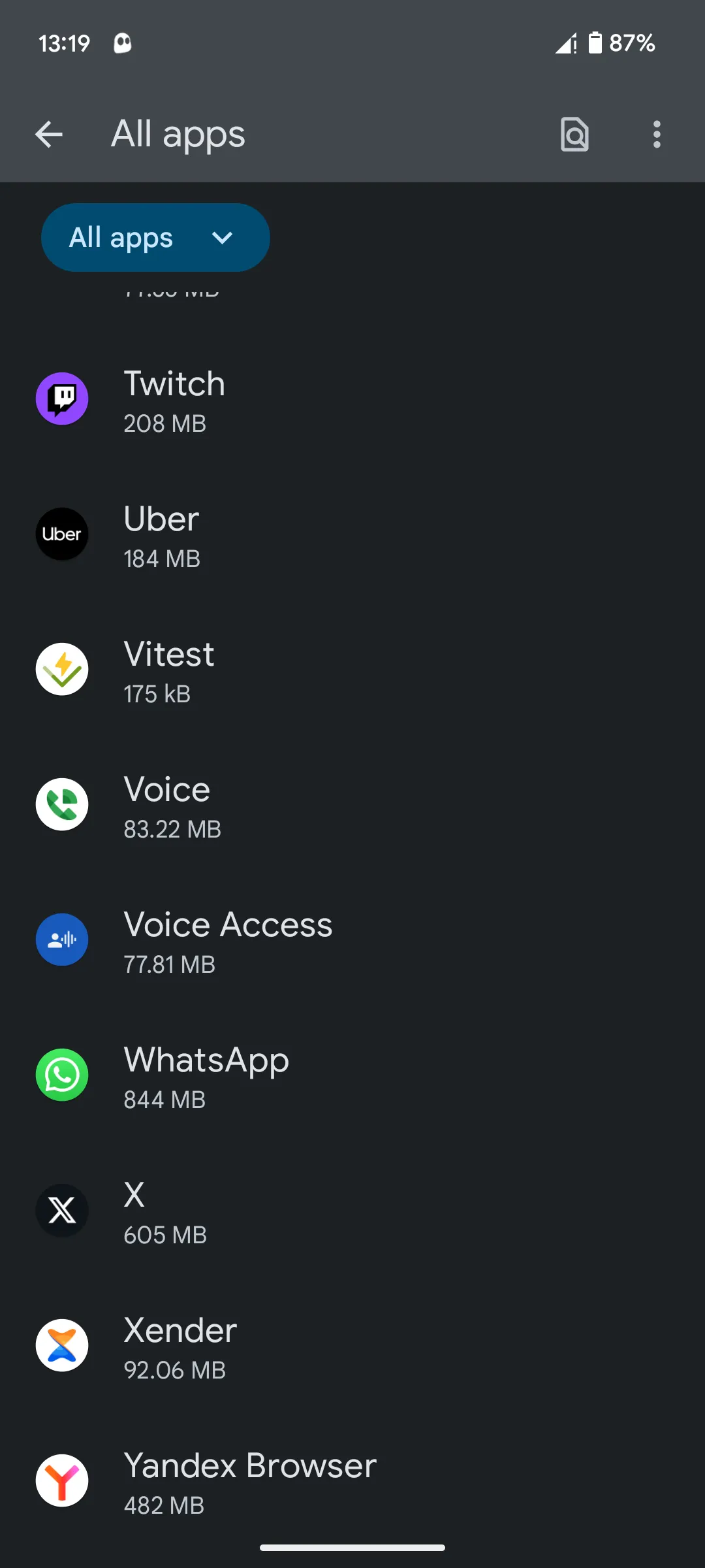 Danh sách tất cả ứng dụng đã cài đặt trên điện thoại Android, để truy cập cài đặt bộ nhớ đệm.
