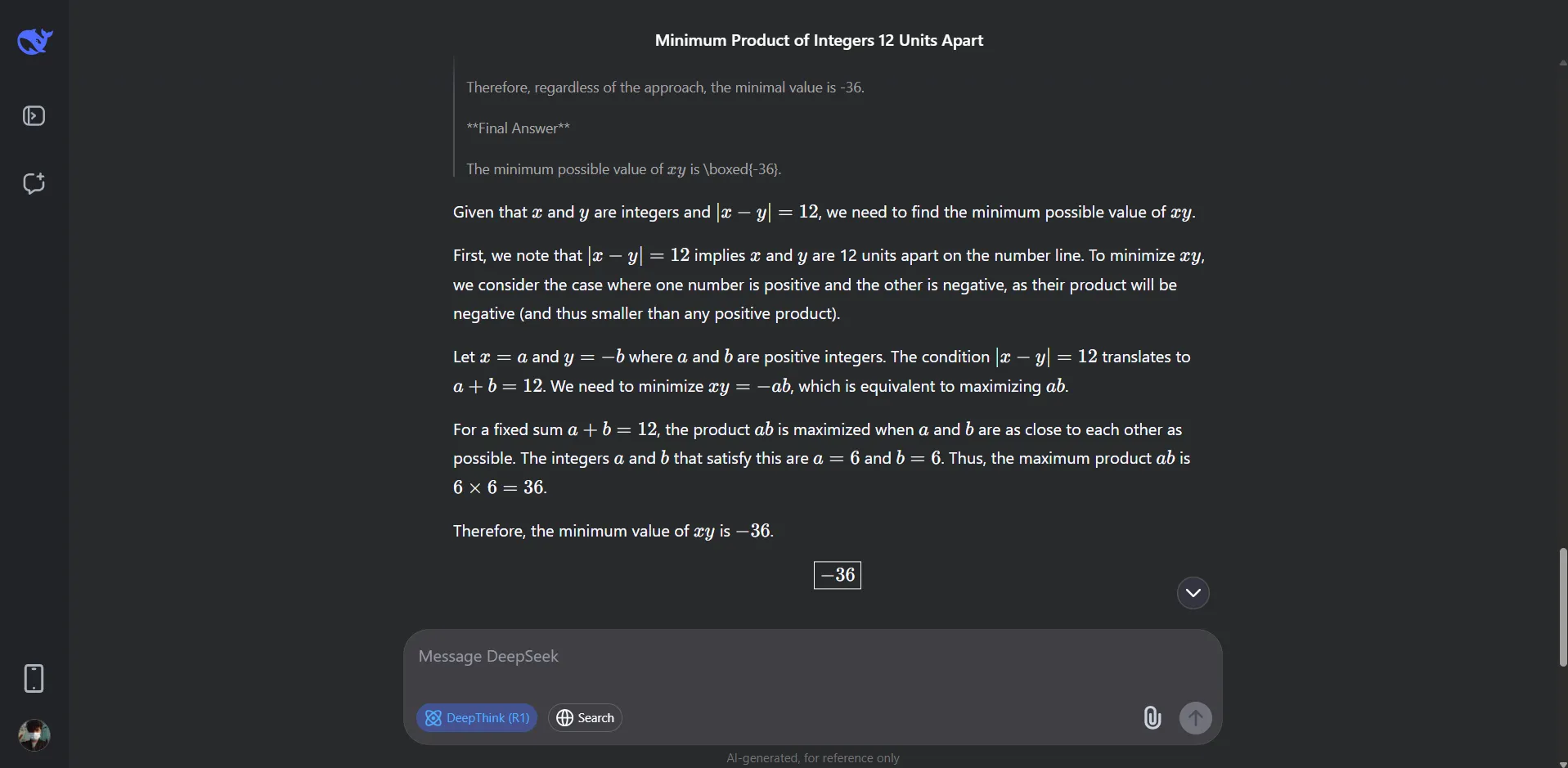 DeepSeek giải quyết bài toán phức tạp trên giao diện chat AI, minh họa khả năng suy luận toán học