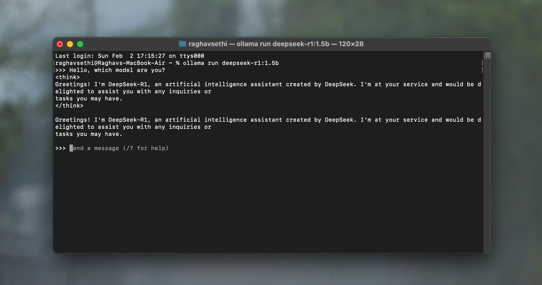 DeepSeek-R1 chạy trong cửa sổ Terminal