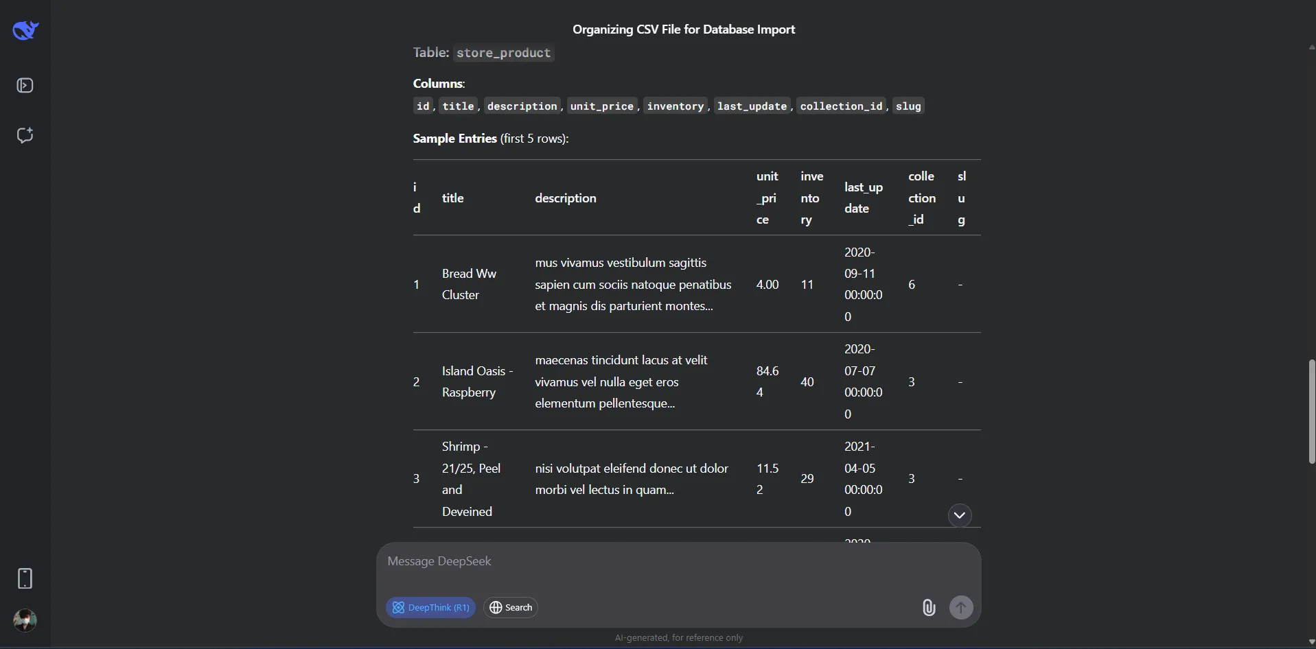 DeepSeek xử lý thành công database bị lỗi, trình bày kết quả dưới dạng bảng có cấu trúc rõ ràng và chính xác
