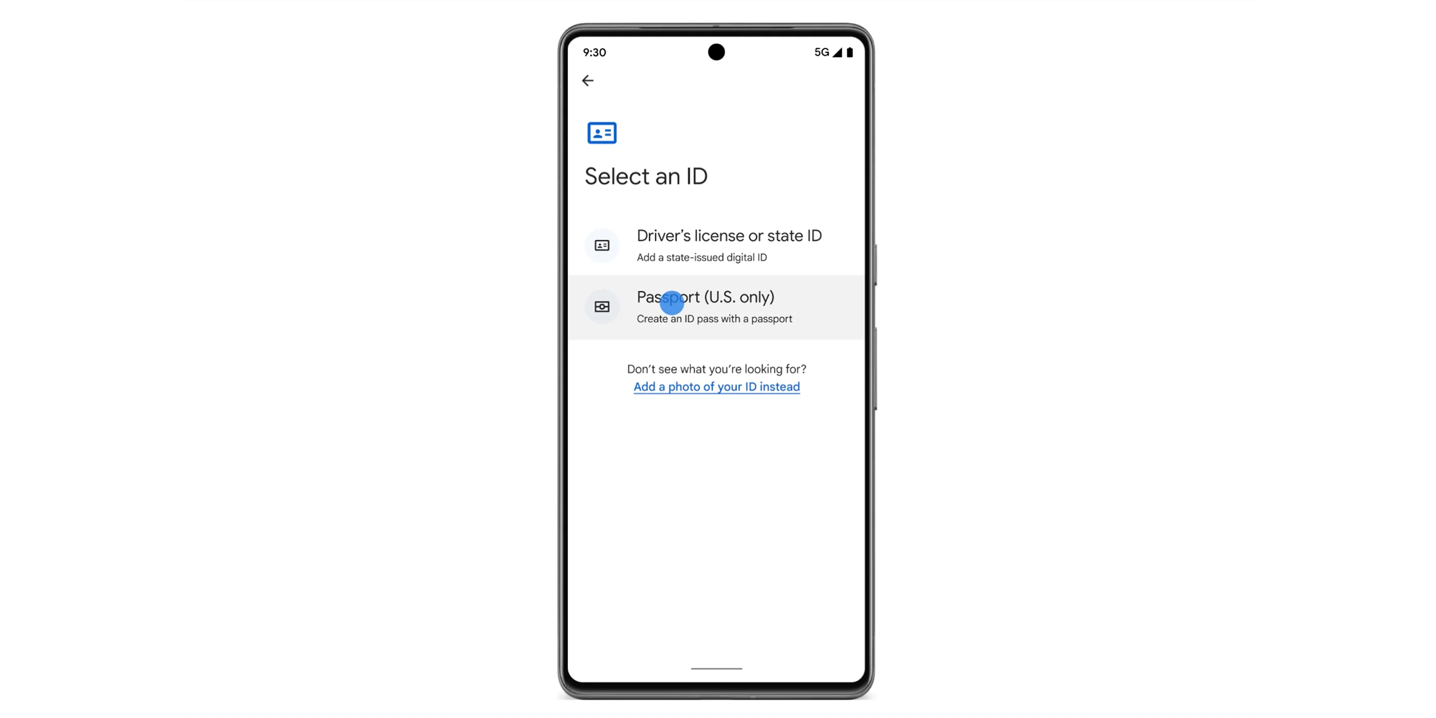 Điện thoại Android hiển thị ứng dụng Google Wallet với tùy chọn thêm hộ chiếu kỹ thuật số