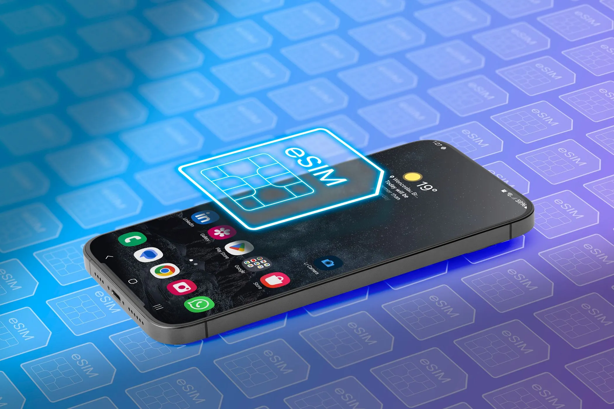 Điện thoại di động hiển thị biểu tượng eSIM trên màn hình, tượng trưng cho công nghệ SIM nhúng mang lại lợi ích bảo mật vượt trội.