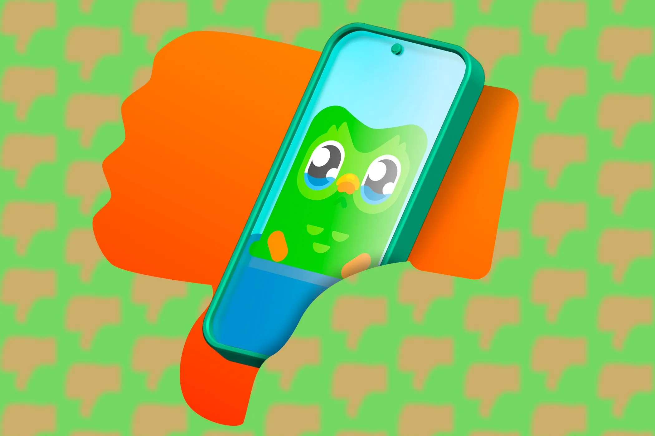 Điện thoại hiển thị ứng dụng Duolingo với biểu tượng ngón tay cái hướng xuống, ám chỉ lo ngại về quyền riêng tư