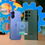 Điện thoại iPhone và Samsung cạnh nhau minh họa các tác vụ ngầm như cập nhật hệ thống có thể làm chậm hotspot di động.