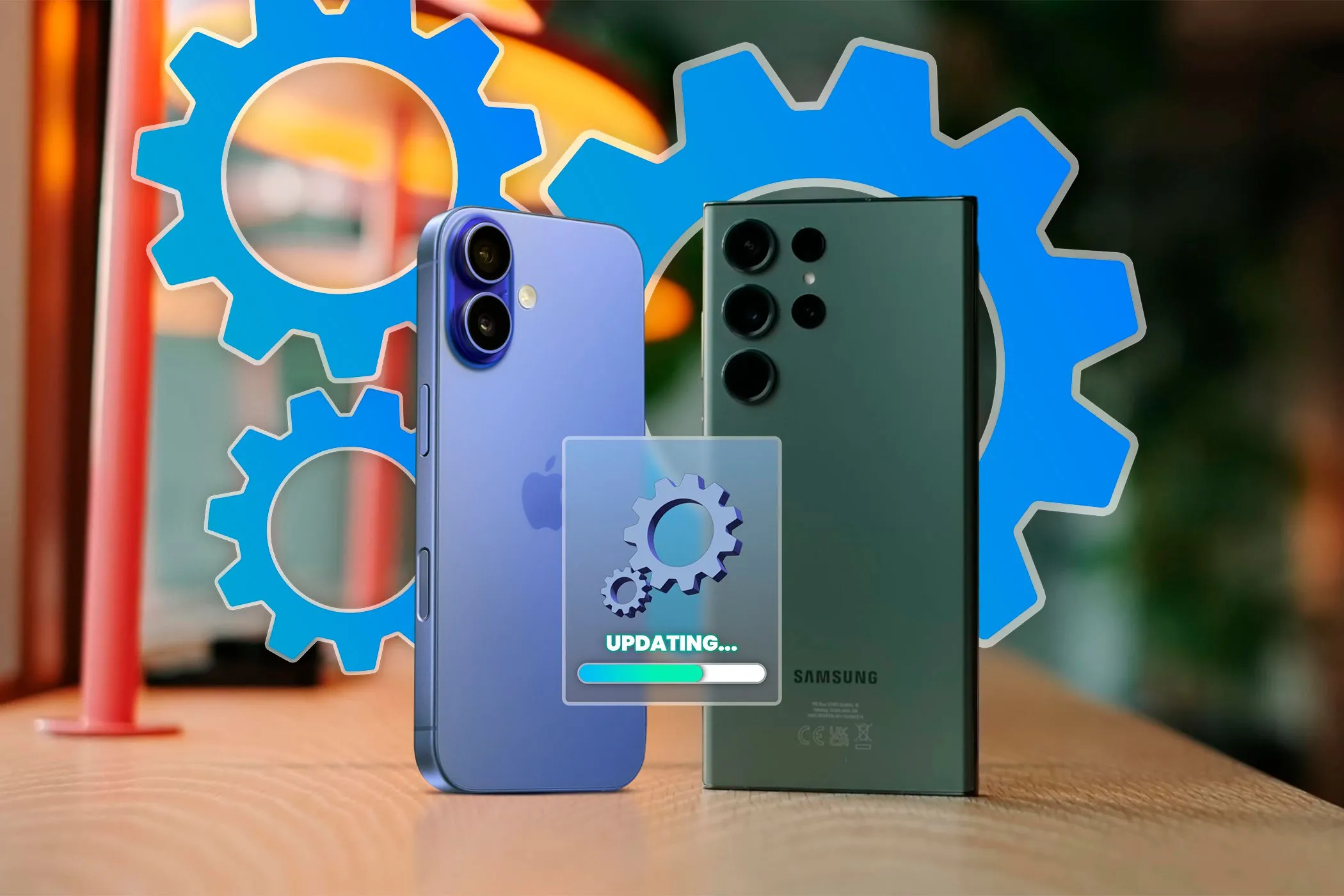 Điện thoại iPhone và Samsung cạnh nhau minh họa các tác vụ ngầm như cập nhật hệ thống có thể làm chậm hotspot di động.
