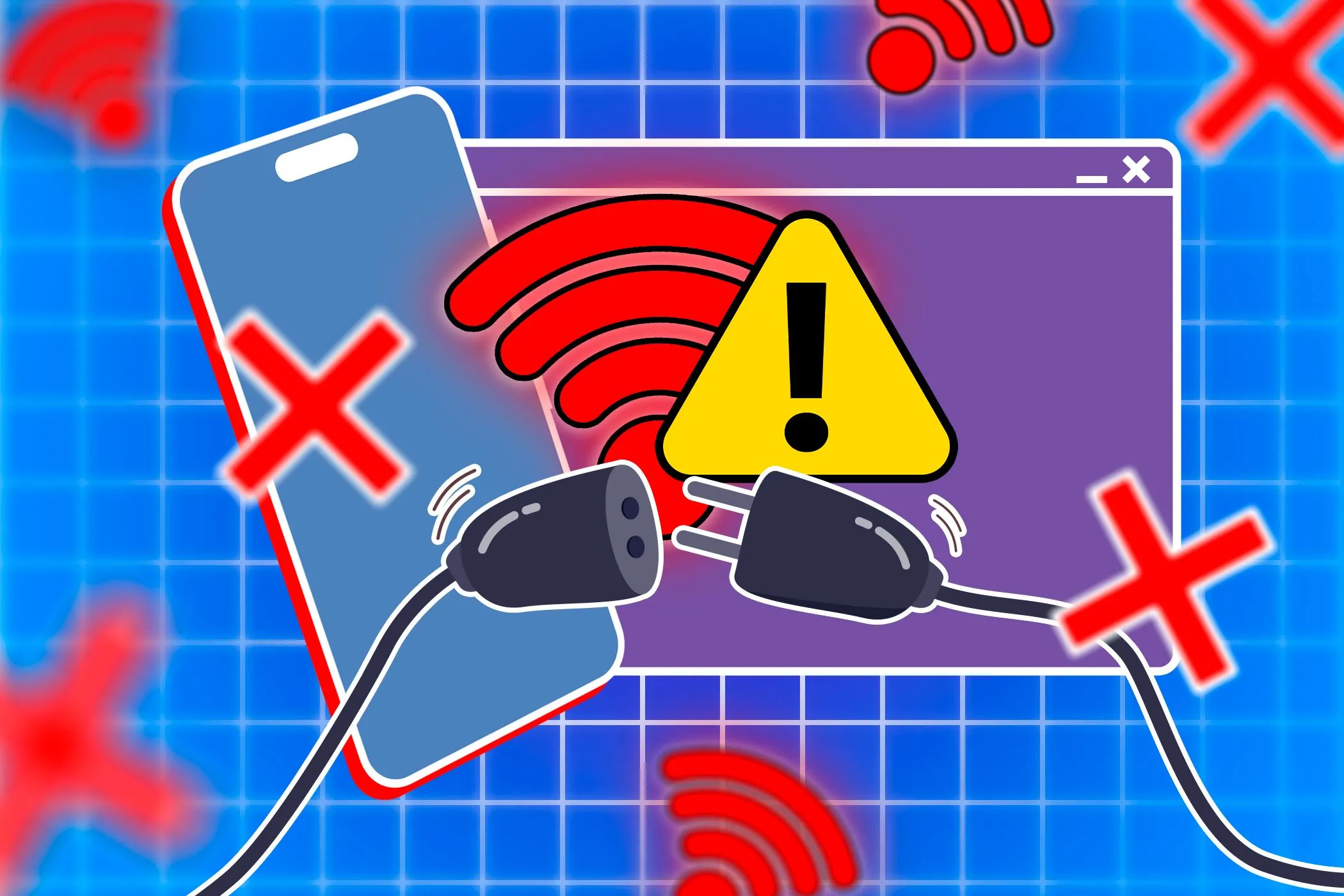 Điện thoại thông minh và cửa sổ trình duyệt hiển thị biểu tượng Wi-Fi và cảnh báo mất kết nối