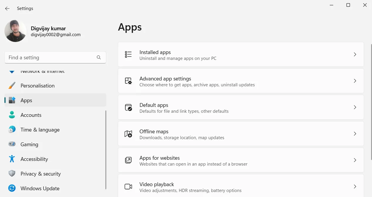 Điều hướng qua ứng dụng Cài đặt để mở phần ứng dụng đã cài đặt trên Windows 11
