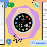 Đồ họa minh họa tính năng Galaxy Watch cho trẻ em, hiển thị đồng hồ và điện thoại Galaxy với các tùy chọn định vị và danh bạ.