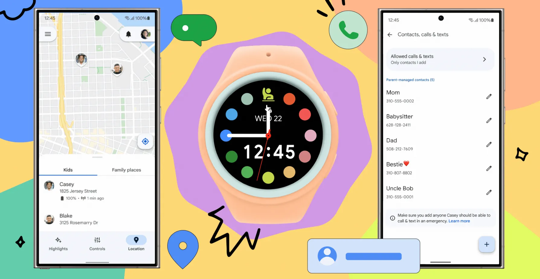 Đồ họa minh họa tính năng Galaxy Watch cho trẻ em, hiển thị đồng hồ và điện thoại Galaxy với các tùy chọn định vị và danh bạ.