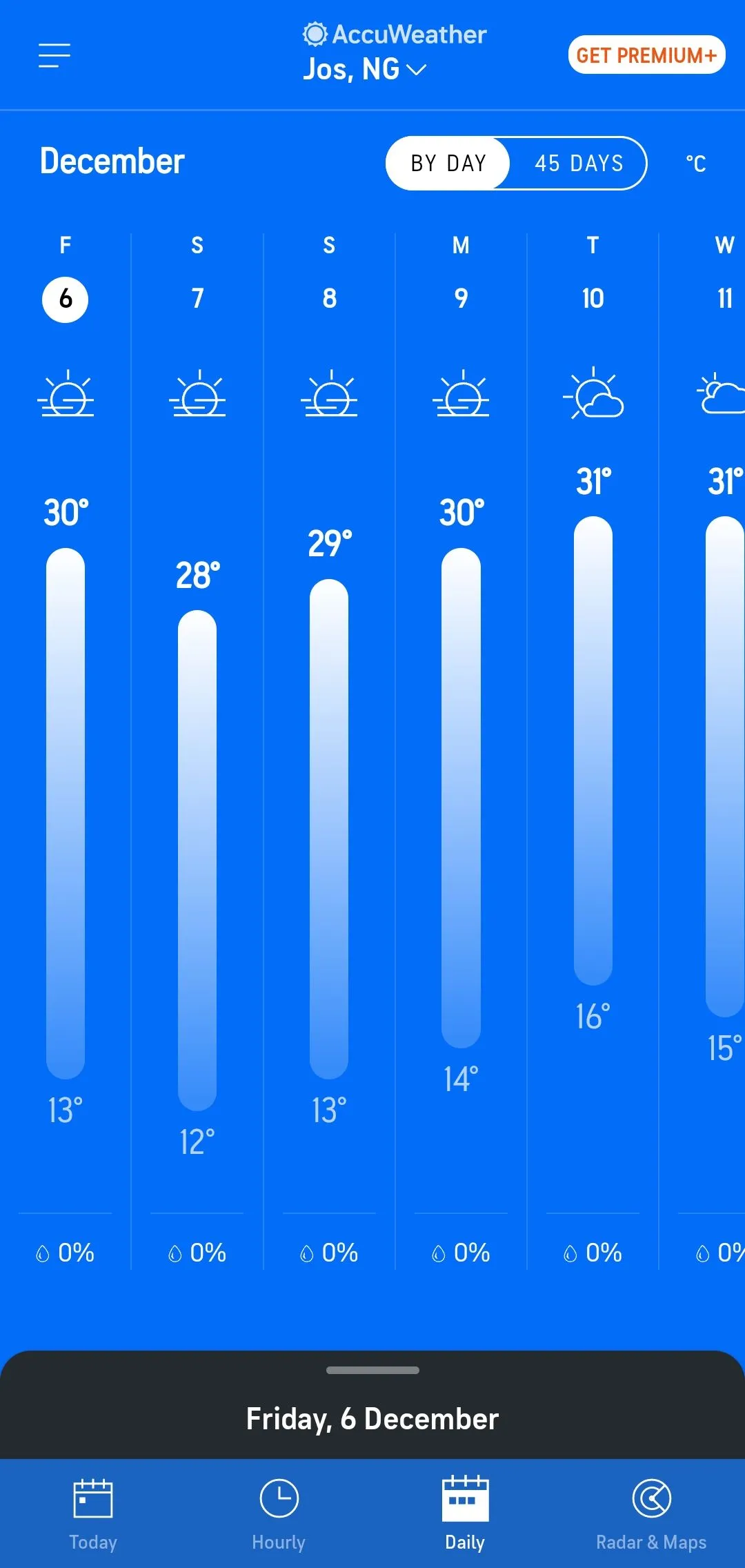 Dự báo nhiệt độ hàng ngày trên AccuWeather với chu kỳ 15 ngày.