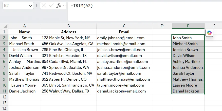 Dữ liệu đã được loại bỏ khoảng trắng thừa bằng hàm TRIM trong cột phụ Excel