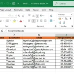 Dữ liệu Excel được tổ chức rõ ràng để sử dụng trong Mail Merge, hiển thị các cột như Tên, Họ, Email và Công ty
