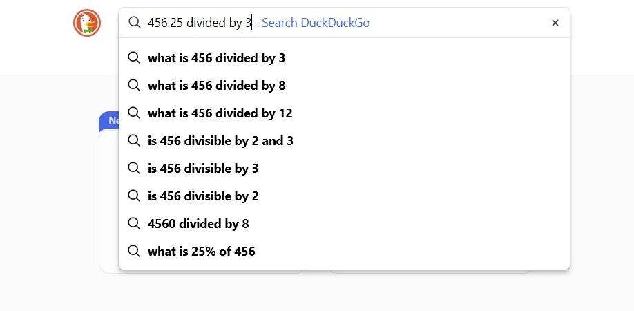 DuckDuckGo hiển thị kết quả tìm kiếm cho phép chia thay vì tính toán trực tiếp