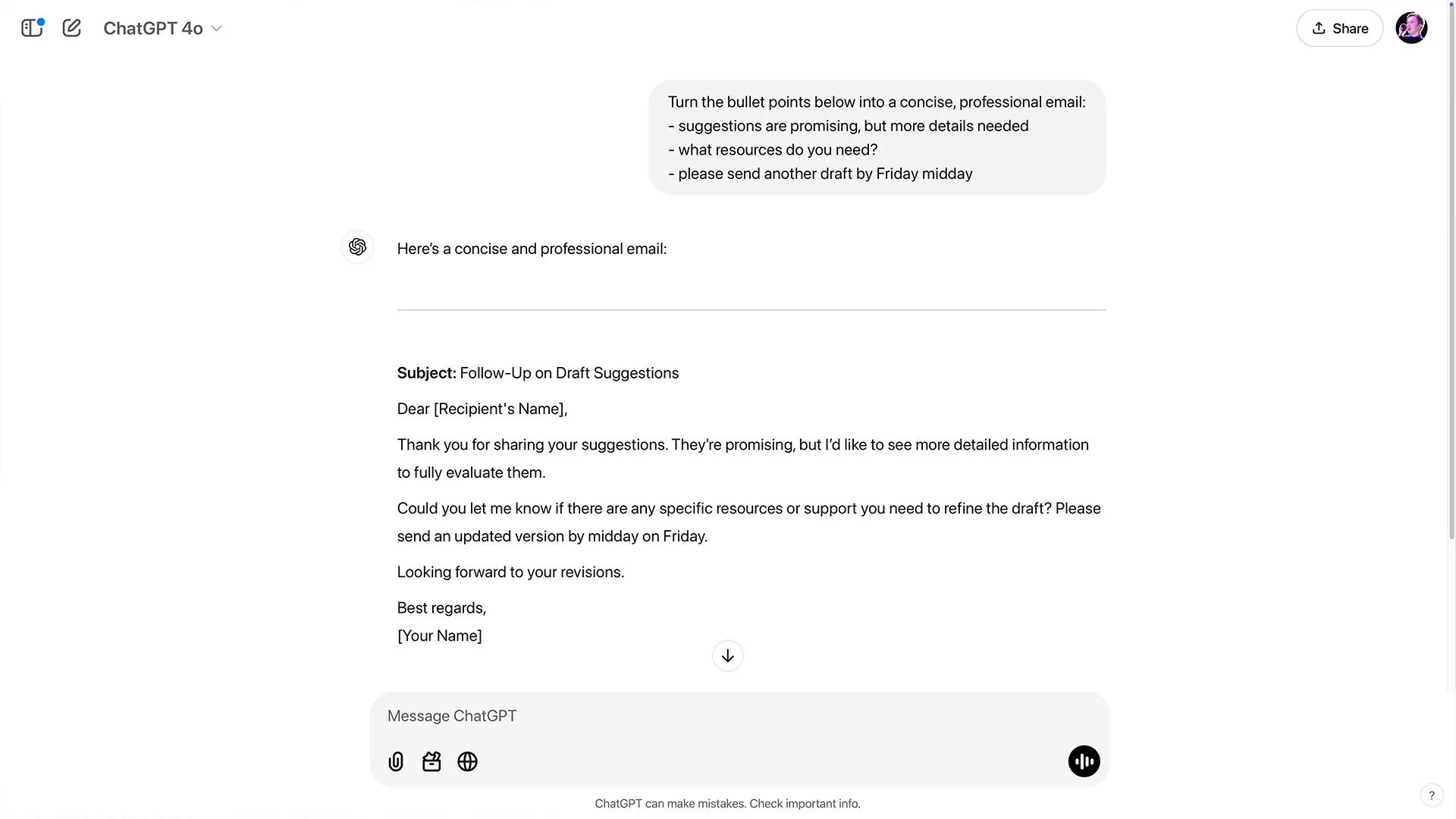 Dùng ChatGPT chuyển các gạch đầu dòng thành email chuyên nghiệp để tiết kiệm thời gian