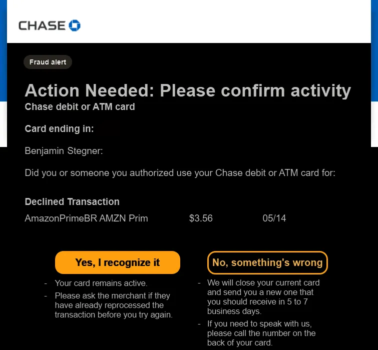 Email cảnh báo gian lận từ ngân hàng Chase về giao dịch đáng ngờ trên tài khoản Amazon.