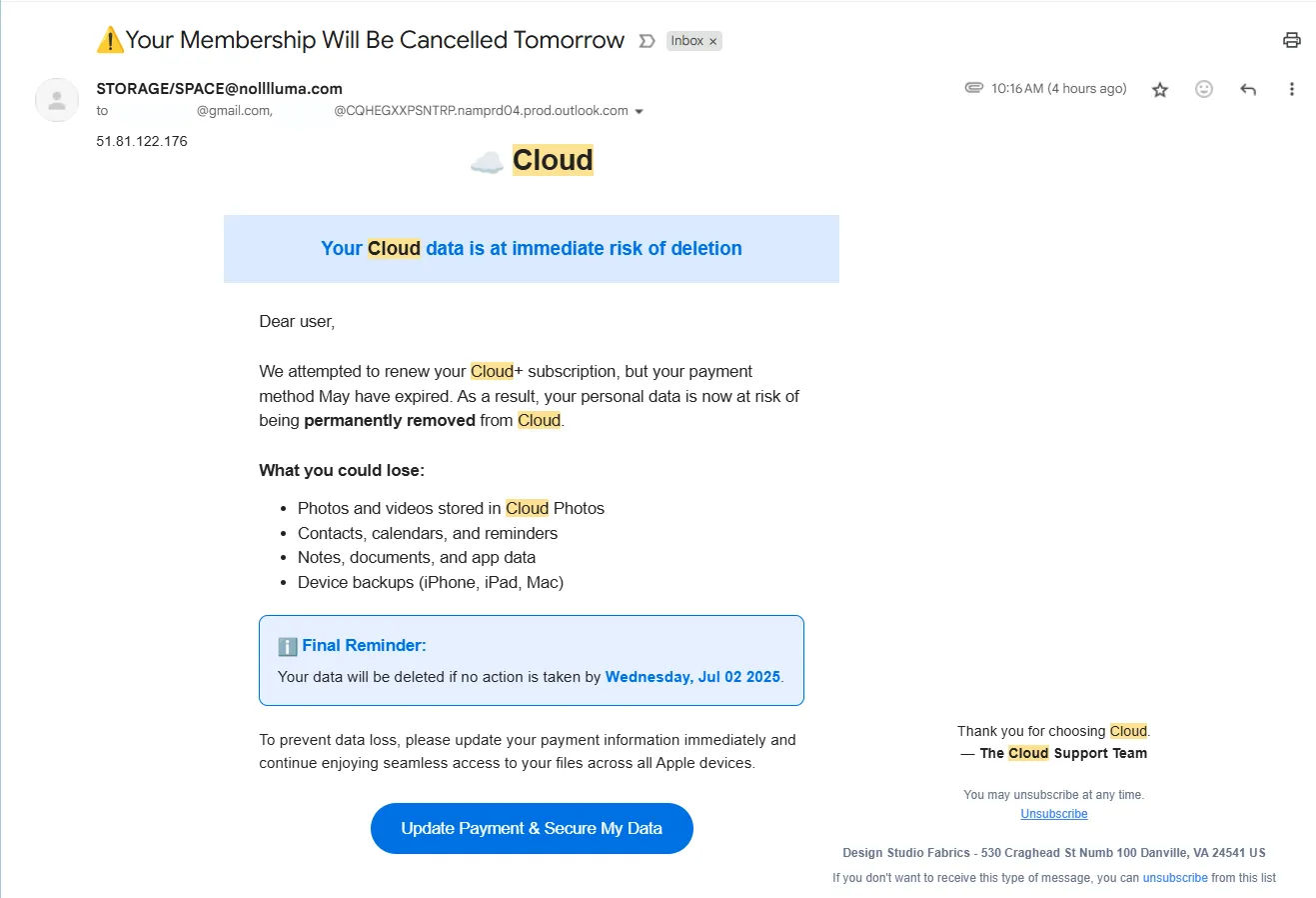 Email lừa đảo giả mạo dịch vụ đám mây cảnh báo hủy tài khoản và yêu cầu cập nhật thông tin