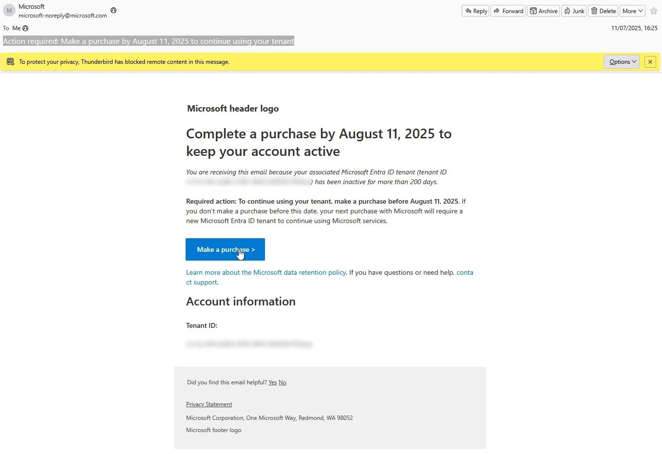 Email Microsoft Entra ID hiển thị nội dung cảnh báo về tài khoản không hoạt động