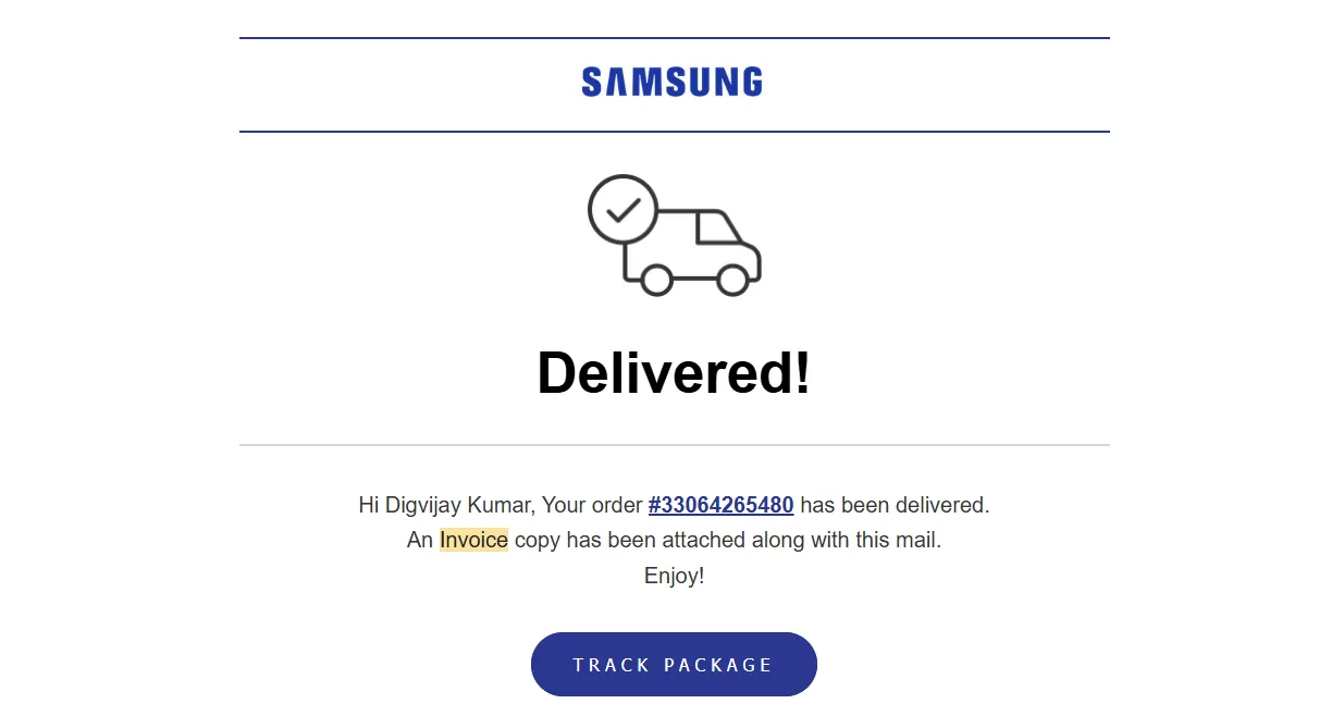 Email xác nhận đơn hàng từ Samsung với hóa đơn đính kèm
