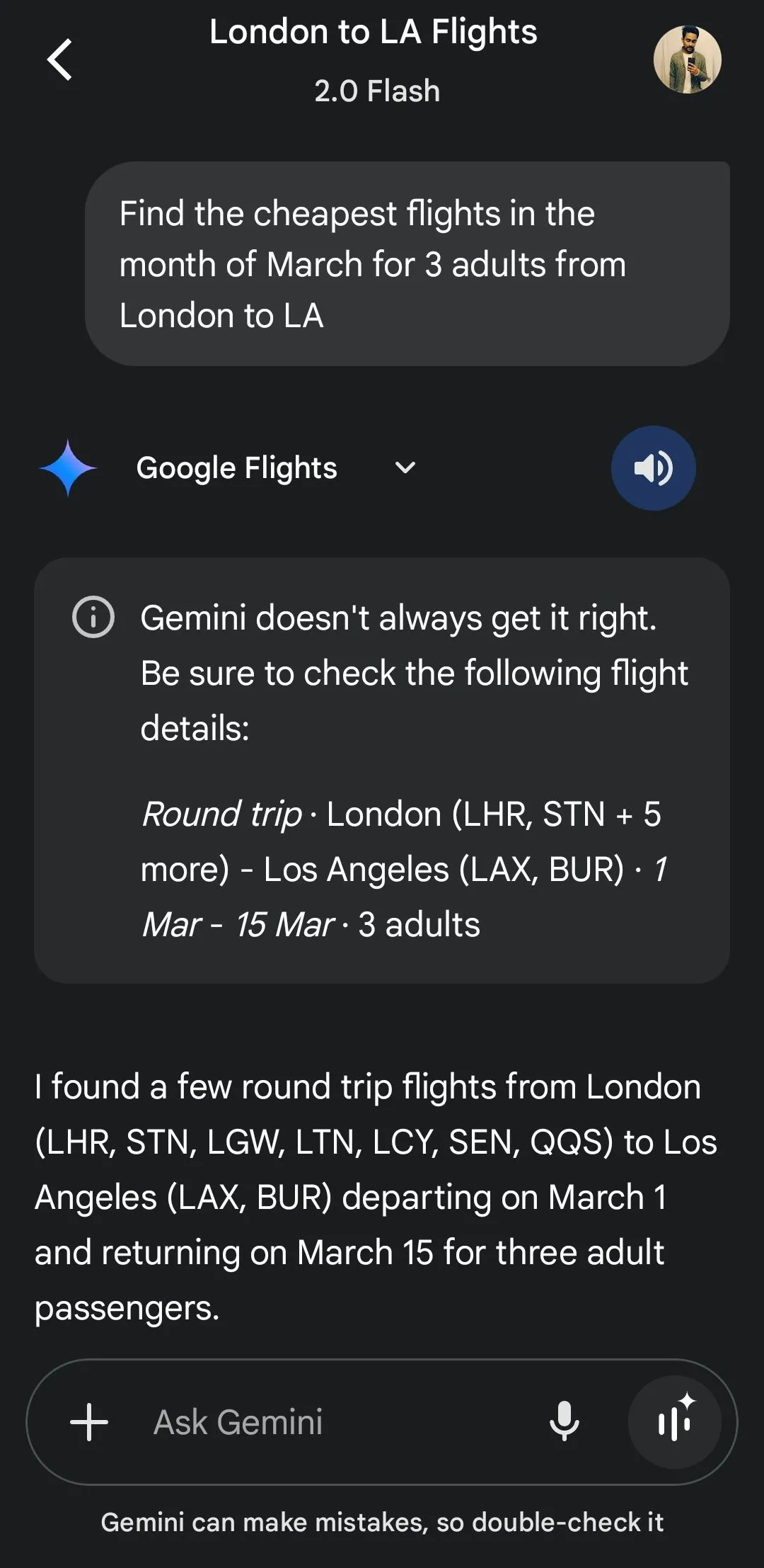 Gemini hiển thị thông tin chuyến bay từ Google Flights để lập kế hoạch du lịch