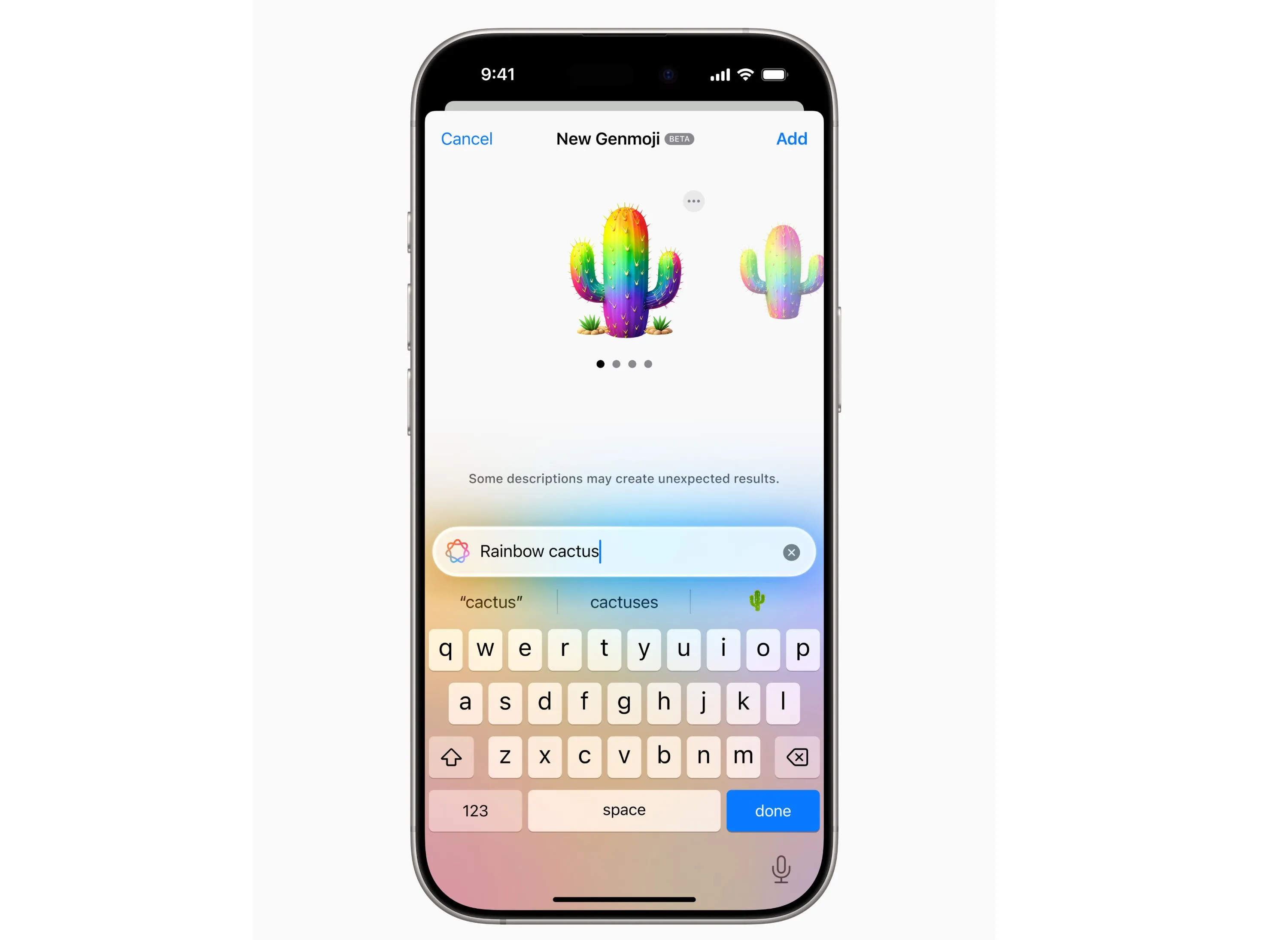 Genmoji được tạo ra trên iOS 18.2, minh họa tính năng AI tạo biểu tượng cảm xúc độc đáo từ mô tả hoặc ảnh cá nhân