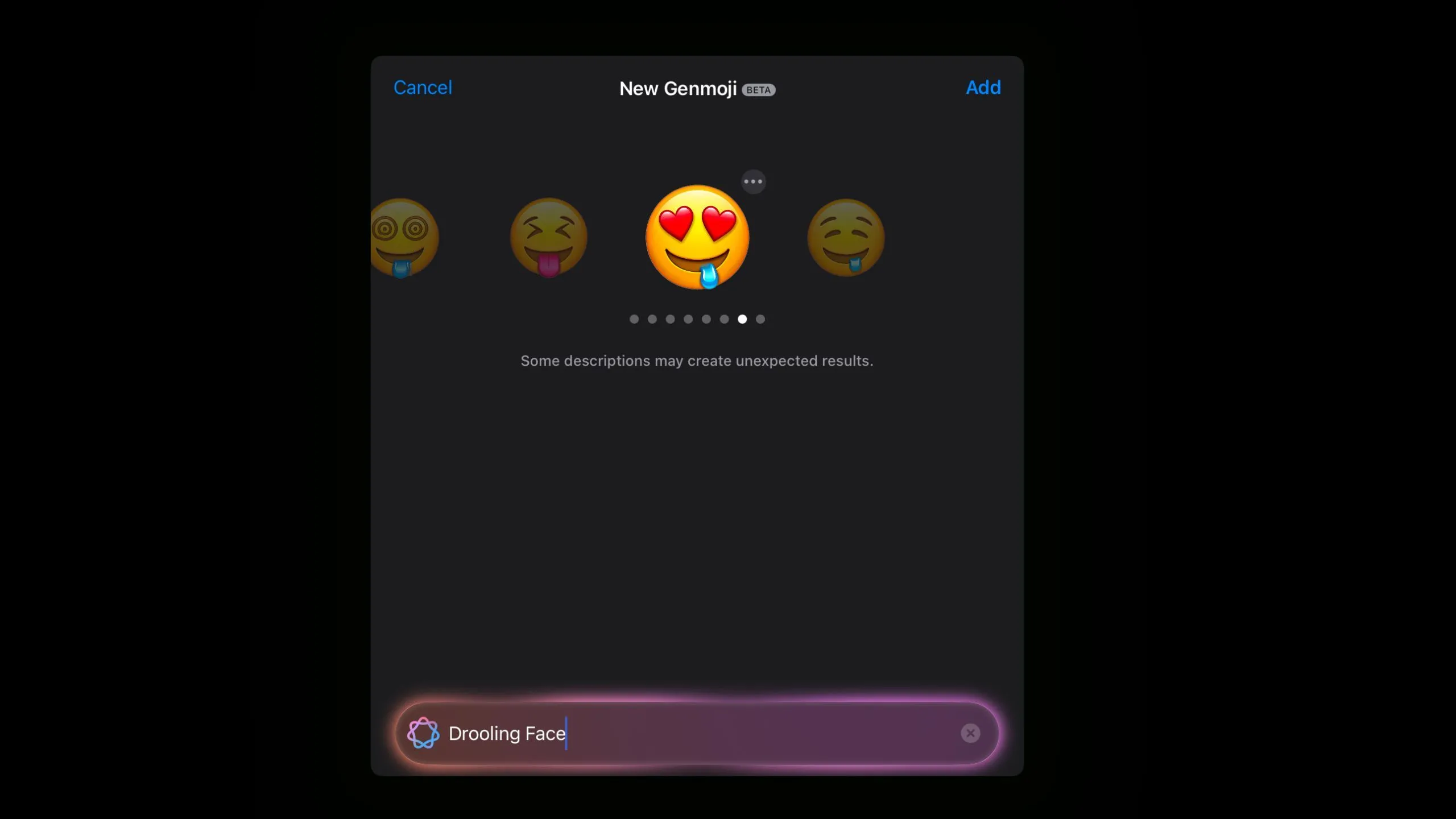 Genmoji mặt chảy dãi với mắt hình trái tim, bị thêm chi tiết không mong muốn