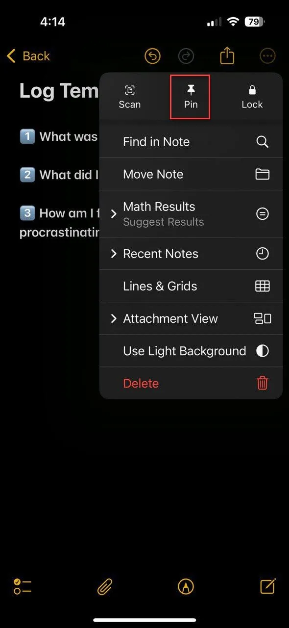 Ghim ghi chú mẫu nhật ký trì hoãn trong Apple Notes