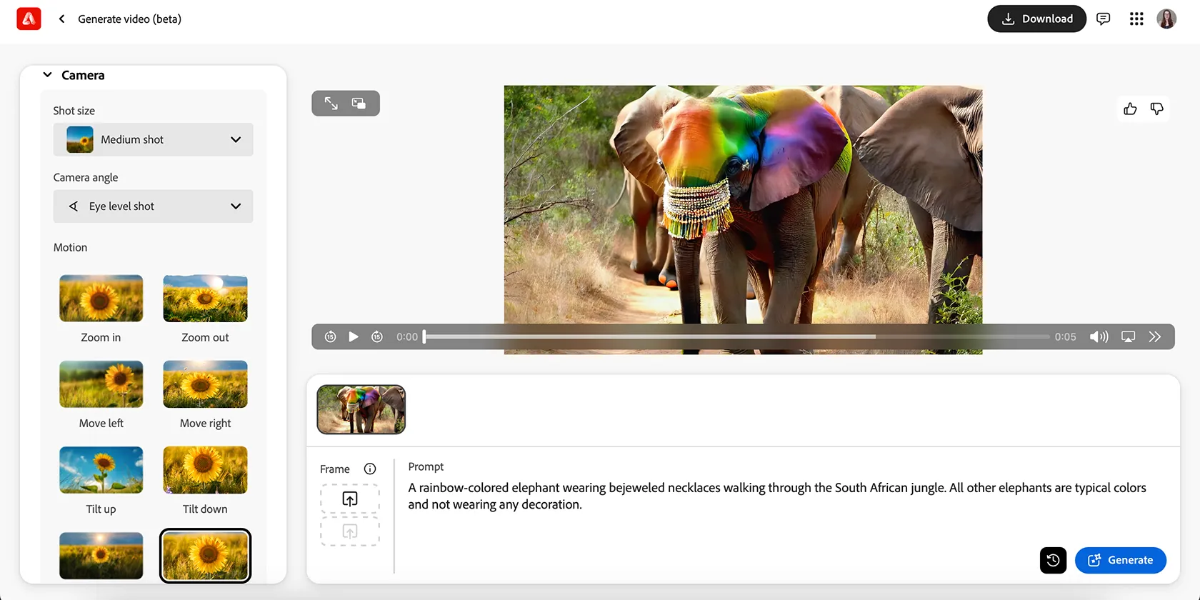Giao diện Adobe Firefly tạo video từ văn bản
