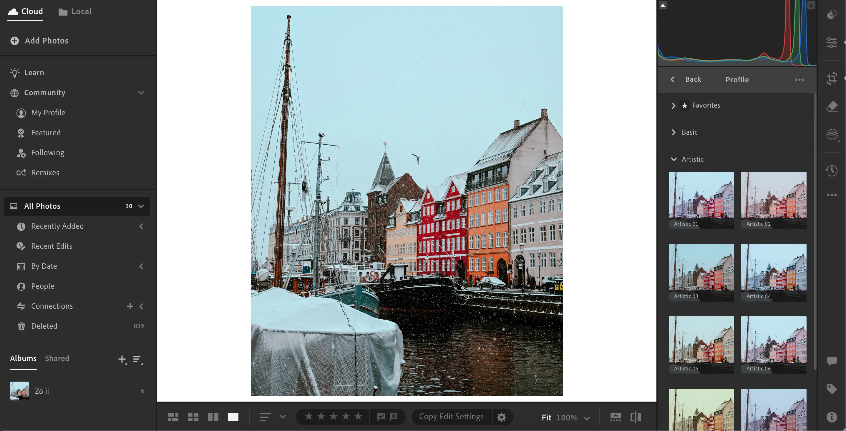 Giao diện Adobe Lightroom hiển thị các tùy chọn cấu hình màu và bộ lọc ảnh