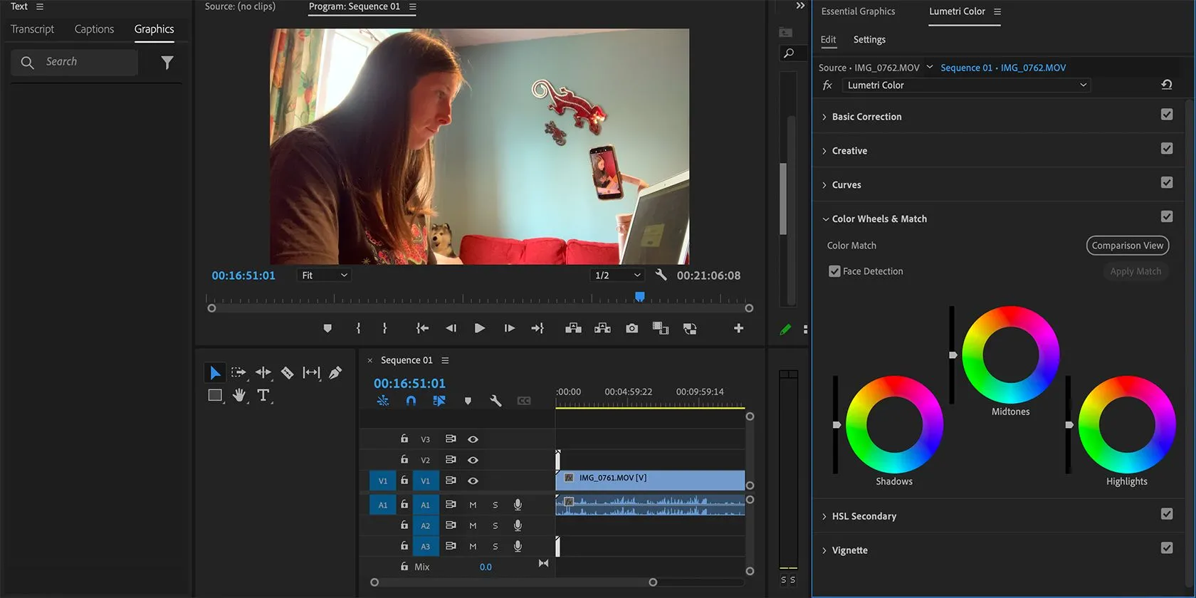 Giao diện Adobe Premiere Pro khi thực hiện chỉnh sửa màu sắc video